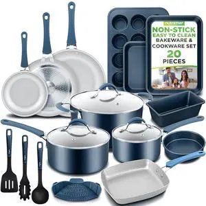 NutriChef Professional 20 Pc Pots and Pans Set Non Stick in Navy Blue - Includes Bakeware & Utensils, Induction Ready, Easy Clean NutriChef Professional 20 Pc Pots and Pans Set Non Stick in Navy Blue - Includes Bakeware & Utensils, Induction Ready, Easy Clean