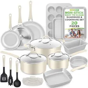 NutriChef 20-Piece Nonstick Cookware Set Pots and Pans Set with Bakeware & Utensils, Aluminum, Induction Compatible, PFOA & PFOS Free, Tempered Glass Lids, Easy-Clean (White) NutriChef 20-Piece Nonstick Cookware Set Pots and Pans Set with Bakeware & Utensils, Aluminum, Induction Compatible, PFOA & PFOS Free, Tempered Glass Lids, Easy-Clean (White)
