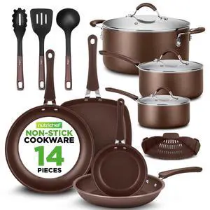 NutriChef 14-Piece Nonstick Brown Cookware Set - Scratch-Resistant Kitchen Pots and Pans with Lids & Utensils, For All Cooktops - NCCW14SBR NutriChef 14-Piece Nonstick Brown Cookware Set - Scratch-Resistant Kitchen Pots and Pans with Lids & Utensils, For All Cooktops - NCCW14SBR