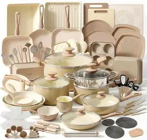NutriChef 75-Piece Non-Stick Pots and Pans Set, Complete Ceramic Cookware Set with Bakeware, Utensils, Knife Set, & Accessories, Stain-Resistant, Food-Grade Safe, Cream/Brown NutriChef 75-Piece Non-Stick Pots and Pans Set, Complete Ceramic Cookware Set with Bakeware, Utensils, Knife Set, & Accessories, Stain-Resistant, Food-Grade Safe, Cream/Brown