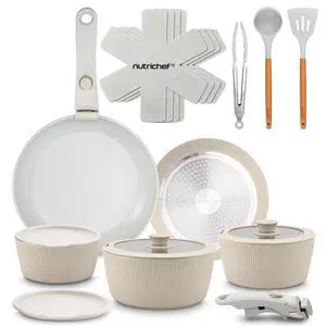 NutriChef 18-Piece Ceramic Cookware Set with Detachable Handles, Non Stick Pots and Pans, PTFE-Free Natural Ceramic Coating, Space-Saving Design, Oven & Stove Safe, Includes Utensils, Cream NutriChef 18-Piece Ceramic Cookware Set with Detachable Handles, Non Stick Pots and Pans, PTFE-Free Natural Ceramic Coating, Space-Saving Design, Oven & Stove Safe, Includes Utensils, Cream