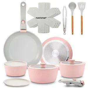 NutriChef 18-Piece Ceramic Cookware Set with Detachable Handles, Non Stick Pots and Pans, PTFE-Free Natural Ceramic Coating, Space-Saving Design, Oven & Stove Safe, Includes Utensils, Pink NutriChef 18-Piece Ceramic Cookware Set with Detachable Handles, Non Stick Pots and Pans, PTFE-Free Natural Ceramic Coating, Space-Saving Design, Oven & Stove Safe, Includes Utensils, Pink