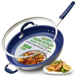 NutriChef 14" Fry Pan With Lid - Extra Large Skillet Nonstick Frying Pan with Silicone Handle, Ceramic Coating, Blue Silicone Handle, Stain-Resistant And Easy To Clean, Professional Home Cookware NutriChef 14" Fry Pan With Lid - Extra Large Skillet Nonstick Frying Pan with Silicone Handle, Ceramic Coating, Blue Silicone Handle, Stain-Resistant And Easy To Clean, Professional Home Cookware
