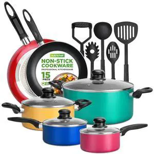 NutriChef 15-Piece Non Stick Kitchen Cookware Set PFOA/PFOS-Free, Colorful Heat Resistant Lacquer w/Saucepot, Frying Pans, Oven Pot, Lids, 5 Utensil - NCCWCOR15 NutriChef 15-Piece Non Stick Kitchen Cookware Set PFOA/PFOS-Free, Colorful Heat Resistant Lacquer w/Saucepot, Frying Pans, Oven Pot, Lids, 5 Utensil - NCCWCOR15