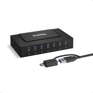 Plugable 7-in-1 USB Powered Hub for Laptops with USB-C or USB 3.0 - Power Station for Multiple Devices and Data Transfer with a 60W Power Adapter, Driverless Plugable 7-in-1 USB Powered Hub for Laptops with USB-C or USB 3.0 - Power Station for Multiple Devices and Data Transfer with a 60W Power Adapter, Driverless