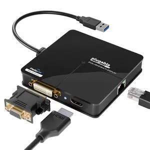 Plugable USB 3.0 Laptop Docking Station Dual Monitor (HDMI & DVI/VGA), Gigabit Ethernet, Audio, USB Hub - Compatible with Windows & Mac Plugable USB 3.0 Laptop Docking Station Dual Monitor (HDMI & DVI/VGA), Gigabit Ethernet, Audio, USB Hub - Compatible with Windows & Mac