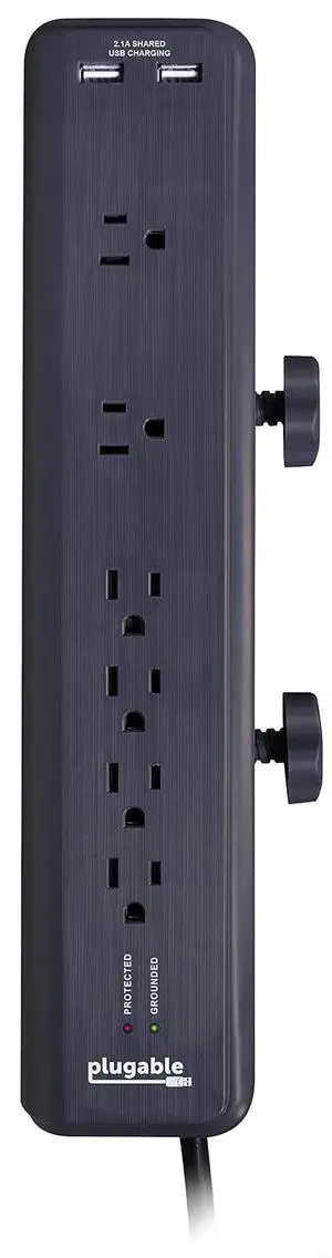Plugable 6 AC Outlet Surge Protector with Clamp Mount for Workbench or Desk. Built-in 10.5W 2-Port USB Power for Android, Apple iOS, and Windows Mobile Devices Plugable 6 AC Outlet Surge Protector with Clamp Mount for Workbench or Desk. Built-in 10.5W 2-Port USB Power for Android, Apple iOS, and Windows Mobile Devices