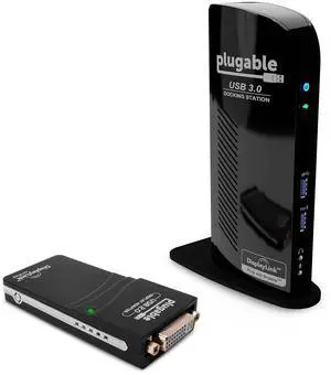 Plugable USB 3.0 Universal Laptop Docking Station Dual Monitor Bundle with USB 2.0 to DVI/VGA/HDMI Video Graphics Adapter for Windows and Mac Plugable USB 3.0 Universal Laptop Docking Station Dual Monitor Bundle with USB 2.0 to DVI/VGA/HDMI Video Graphics Adapter for Windows and Mac