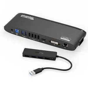 Plugable Universal Docking Station with Dual Monitor Support, HDMI/DVI/VGA and 4-Port USB 3.0 Hub Bundle Expand Connectivity for Laptops, MacBooks, and PCs with USB C/USB 3.0 Compatibility Plugable Universal Docking Station with Dual Monitor Support, HDMI/DVI/VGA and 4-Port USB 3.0 Hub Bundle Expand Connectivity for Laptops, MacBooks, and PCs with USB C/USB 3.0 Compatibility