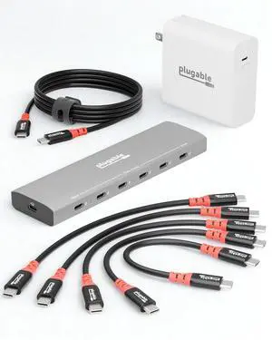 Plugable Ultimate USB-C Charging Bundle | 6-Port Charging Station with PriorityShare, 140W GaN Charger, 240W USB-C Cable & 5-Pack 6in Charging Cables Plugable Ultimate USB-C Charging Bundle | 6-Port Charging Station with PriorityShare, 140W GaN Charger, 240W USB-C Cable & 5-Pack 6in Charging Cables