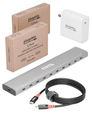 Plugable Ultimate USB-C Charging Bundle | 10-Port Charging Station with PriorityShare, 140W GaN Charger, 240W USB-C Cable & 2X 5-Pack 6in Charging Cables Plugable Ultimate USB-C Charging Bundle | 10-Port Charging Station with PriorityShare, 140W GaN Charger, 240W USB-C Cable & 2X 5-Pack 6in Charging Cables