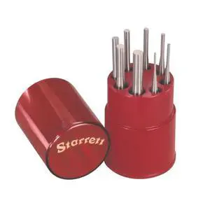 Starrett Drive Pin Punch Set with Knurled Grip and Round Red Plastic Box - 4" Length, 1/16", 3/32", 1/8", 5/32", 3/16", 7/32", 1/4", 5/16" Punch Diameter - Set of 8 - S565WB Starrett Drive Pin Punch Set with Knurled Grip and Round Red Plastic Box - 4" Length, 1/16", 3/32", 1/8", 5/32", 3/16", 7/32", 1/4", 5/16" Punch Diameter - Set of 8 - S565WB