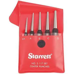 Starrett Steel Center Punch with Round Shank and Knurled Finger Grip - Hardened and Tempered Steel, 0-4" Length, 1/16, 5/64, 3/32, 1/8, 5/32 Diameter Tapered - 5 Pieces - S117PC Starrett Steel Center Punch with Round Shank and Knurled Finger Grip - Hardened and Tempered Steel, 0-4" Length, 1/16, 5/64, 3/32, 1/8, 5/32 Diameter Tapered - 5 Pieces - S117PC