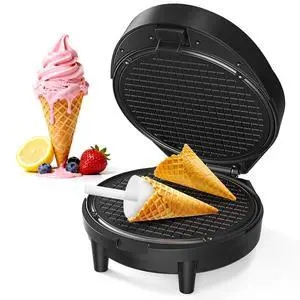 Waffle Cone Maker and Ice Cream Cone Maker with Cone Roller, 1000W Double Side Even Heating Thin Waffle Maker, Makes Crispy Waffle Cones, 7.5" Nonstick Plate Egg Roll Maker, Easy to Clean, Black Waffle Cone Maker and Ice Cream Cone Maker with Cone Roller, 1000W Double Side Even Heating Thin Waffle Maker, Makes Crispy Waffle Cones, 7.5" Nonstick Plate Egg Roll Maker, Easy to Clean, Black