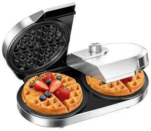 Belgian Waffle Maker, Double Waffle Maker with 2 Independent Adjustable Temp Knobs, Silver Belgian Waffle Maker, Double Waffle Maker with 2 Independent Adjustable Temp Knobs, Silver