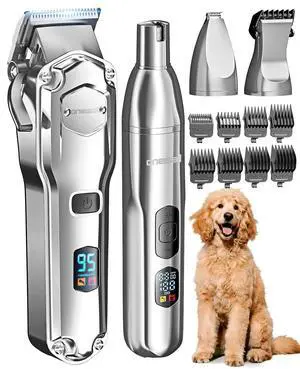 Dog Clippers for Grooming Thick/Matted Hair, 4-in-1 Grooming Kit | Detachable Stainless Steel Blade, Powerful Motor, IPX6 Waterproof, Low Noise, Paw Trimmer and Nail Grinder, 9 Guide Combs Dog Clippers for Grooming Thick/Matted Hair, 4-in-1 Grooming Kit | Detachable Stainless Steel Blade, Powerful Motor, IPX6 Waterproof, Low Noise, Paw Trimmer and Nail Grinder, 9 Guide Combs