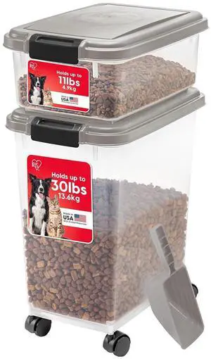 IRIS USA Airtight Dog Food Storage Container Combo, 30 lb & 11 lb Bin | Stackable food storage system includes scoop and wheels to keep kibble, treats, and pet food fresh and organized. IRIS USA Airtight Dog Food Storage Container Combo, 30 lb & 11 lb Bin | Stackable food storage system includes scoop and wheels to keep kibble, treats, and pet food fresh and organized.