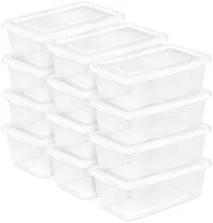 Sterilite 6 Quart Storage Box, Clear Plastic with White Snap Lid, 12 Pack Sterilite 6 Quart Storage Box, Clear Plastic with White Snap Lid, 12 Pack