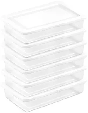 Sterilite 41 Qt Underbed Storage Box, Stackable Bin with Lid, Plastic Container to Organize Bedroom, Clear Base and White Lid, (Pack of 6) Sterilite 41 Qt Underbed Storage Box, Stackable Bin with Lid, Plastic Container to Organize Bedroom, Clear Base and White Lid, (Pack of 6)