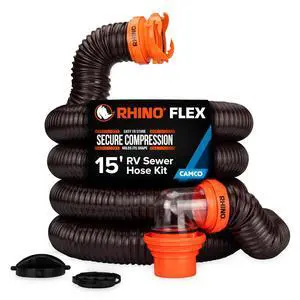 Camco RhinoFLEX 15-Ft Complete RV Sewer Hose Kit - Made in the USA | Includes Clear Elbow w/ Sewer Adapter, 15ft Sewer Hose, & 360 Swivel Fittings - Fits in Standard 4" RV Bumper (39770) Camco RhinoFLEX 15-Ft Complete RV Sewer Hose Kit - Made in the USA | Includes Clear Elbow w/ Sewer Adapter, 15ft Sewer Hose, & 360 Swivel Fittings - Fits in Standard 4" RV Bumper (39770)