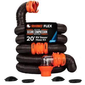 Camco RhinoFLEX 20-Ft Complete RV Sewer Hose Kit - Made in the USA | Includes Clear Elbow w/ Sewer Adapter, (2) 10ft Sewer Hoses, 360 Swivel Fittings - Fits in Standard 4" RV Bumper (39742) Camco RhinoFLEX 20-Ft Complete RV Sewer Hose Kit - Made in the USA | Includes Clear Elbow w/ Sewer Adapter, (2) 10ft Sewer Hoses, 360 Swivel Fittings - Fits in Standard 4" RV Bumper (39742)