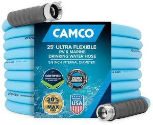 Camco EVOFlex 25-Ft RV Drinking Water Hose - Features Extra Flexible Design w/Stainless Steel Strain Relief Ends - Lead-Free, BPA-Free and Phthalate-Free - 5/8 Inside Diameter (22591) Camco EVOFlex 25-Ft RV Drinking Water Hose - Features Extra Flexible Design w/Stainless Steel Strain Relief Ends - Lead-Free, BPA-Free and Phthalate-Free - 5/8 Inside Diameter (22591)