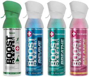 Boost Oxygen Medium Variety Collection, 4 Pack | Balanced Combination of Portability & O2 Capacity Natural, Peppermint, Menthol & Grapefruit Aromas For Hikes & Day Trips Boost Oxygen Medium Variety Collection, 4 Pack | Balanced Combination of Portability & O2 Capacity Natural, Peppermint, Menthol & Grapefruit Aromas For Hikes & Day Trips