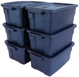 Rubbermaid Roughneck Tote 3 Gal, 6 Pack, Made in USA, Dark Indigo Metallic, Rugged Plastic Stackable Storage Bins with Lids and Handles Rubbermaid Roughneck Tote 3 Gal, 6 Pack, Made in USA, Dark Indigo Metallic, Rugged Plastic Stackable Storage Bins with Lids and Handles