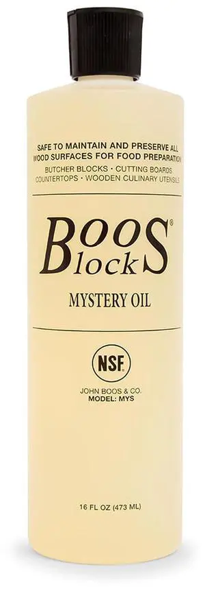 John Boos All-Natural Mystery Oil, Revitalizing Wood Conditioner, 16 oz - Food-Grade Mineral Oil for Butcher Blocks, Cutting Boards, Countertops and Wooden Culinary Utensils John Boos All-Natural Mystery Oil, Revitalizing Wood Conditioner, 16 oz - Food-Grade Mineral Oil for Butcher Blocks, Cutting Boards, Countertops and Wooden Culinary Utensils