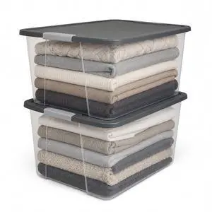 HOMZ Clear Plastic Storage Bin with Secure Latching Gray Lid, 64 Qt, 2 Pack | Heavy-Duty Stackable Containers, Large Organizer Box for Homes, Offices, and Garages HOMZ Clear Plastic Storage Bin with Secure Latching Gray Lid, 64 Qt, 2 Pack | Heavy-Duty Stackable Containers, Large Organizer Box for Homes, Offices, and Garages