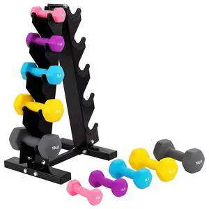 BalanceFrom Neoprene Coated Iron Dumbbell Hex Weights Set with Stand Color-Coded or Black Options with Non-Slip Grip for Strength Training, Resistance Workouts, and Home Gym Fitness BalanceFrom Neoprene Coated Iron Dumbbell Hex Weights Set with Stand Color-Coded or Black Options with Non-Slip Grip for Strength Training, Resistance Workouts, and Home Gym Fitness