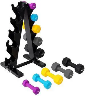 BalanceFrom Neoprene Coated Iron Dumbbell Hex Weights Set with Stand Color-Coded or Black Options with Non-Slip Grip for Strength Training, Resistance Workouts, and Home Gym Fitness BalanceFrom Neoprene Coated Iron Dumbbell Hex Weights Set with Stand Color-Coded or Black Options with Non-Slip Grip for Strength Training, Resistance Workouts, and Home Gym Fitness
