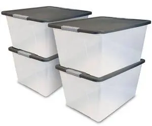 HOMZ 4-Pack Secure Latch, Clear Plastic Storage Organizer Bins, 64 Quart, Gray Lid - Stackable Container Boxes for Bedroom, Bathroom, Garage, and Office Organization HOMZ 4-Pack Secure Latch, Clear Plastic Storage Organizer Bins, 64 Quart, Gray Lid - Stackable Container Boxes for Bedroom, Bathroom, Garage, and Office Organization
