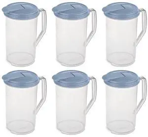 Sterilite 2 Quart Clear Round Plastic Pitcher, Dishwasher Proof with Blue Lid, Spout, and Handle for Easy Pouring, Washed Blue, 6-Pack Sterilite 2 Quart Clear Round Plastic Pitcher, Dishwasher Proof with Blue Lid, Spout, and Handle for Easy Pouring, Washed Blue, 6-Pack
