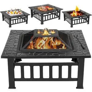 32 Inch Outdoor Fire Pit with Spark Screen Lid and Waterproof Cover, Square Metal Firepit Backyard Patio BBQ Garden Stove Fireplace for Camping Trip, Outside Wood Burning and Picnic 32 Inch Outdoor Fire Pit with Spark Screen Lid and Waterproof Cover, Square Metal Firepit Backyard Patio BBQ Garden Stove Fireplace for Camping Trip, Outside Wood Burning and Picnic
