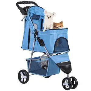 Foldable Pet Stroller for Cats and Dogs 3 Wheels Carrier Strolling Cart with Weather Cover, Storage Basket + Cup Holder (Blue) Foldable Pet Stroller for Cats and Dogs 3 Wheels Carrier Strolling Cart with Weather Cover, Storage Basket + Cup Holder (Blue)