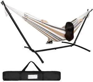 Double Hammock with Stand 9FT Brazilian-Style for 2 Person Easy Assembly, Heavy Duty Steel Anti-Slip Feet Double Hammock with Stand 9FT Brazilian-Style for 2 Person Easy Assembly, Heavy Duty Steel Anti-Slip Feet