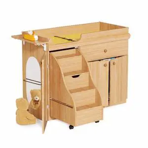 Changing Table with Stairs, Montessori Diaper Station for Daycare & Home (Left Stairs) | PU Changing Pad, Safety Strap & Handrail, Large Storage, Acrylic Mirror, Foldable Shelves, Paper Roll Holder & Changing Table with Stairs, Montessori Diaper Station for Daycare & Home (Left Stairs) | PU Changing Pad, Safety Strap & Handrail, Large Storage, Acrylic Mirror, Foldable Shelves, Paper Roll Holder &