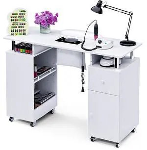 Manicure Table Nail Desk for Nail Tech, Acetone Resistant Beauty Salon Station with Dust Collector, Wrist Pad, Lockable Wheels, Drawer & Cabinet, White Manicure Table Nail Desk for Nail Tech, Acetone Resistant Beauty Salon Station with Dust Collector, Wrist Pad, Lockable Wheels, Drawer & Cabinet, White