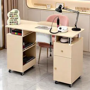 Manicure Table Nail Desk for Nail Tech, Acetone Resistant Beauty Salon Station with Dust Collector, Wrist Pad, Lockable Wheels, Drawer & Cabinet, Champagne Manicure Table Nail Desk for Nail Tech, Acetone Resistant Beauty Salon Station with Dust Collector, Wrist Pad, Lockable Wheels, Drawer & Cabinet, Champagne