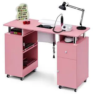 Manicure Table Nail Desk for Nail Tech, Acetone Resistant Beauty Salon Station with Dust Collector, Wrist Pad, Lockable Wheels, Drawer & Cabinet, Pink Manicure Table Nail Desk for Nail Tech, Acetone Resistant Beauty Salon Station with Dust Collector, Wrist Pad, Lockable Wheels, Drawer & Cabinet, Pink