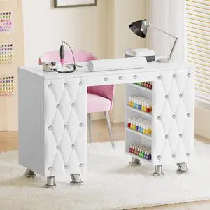 Manicure Table, Nail Desk w/Dust Collector & Wrist Rest, Nail Salon Station Acetone Resistant Workstation w/Drawers, Cabinet, White Leather Pad with Diamonds Manicure Table, Nail Desk w/Dust Collector & Wrist Rest, Nail Salon Station Acetone Resistant Workstation w/Drawers, Cabinet, White Leather Pad with Diamonds
