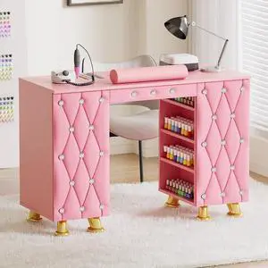 Manicure Table, Nail Desk w/Dust Collector & Wrist Rest, Nail Salon Station Acetone Resistant Workstation w/Drawers, Cabinet, Pink Leather Pad with Diamonds Manicure Table, Nail Desk w/Dust Collector & Wrist Rest, Nail Salon Station Acetone Resistant Workstation w/Drawers, Cabinet, Pink Leather Pad with Diamonds