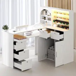 Manicure Table Nail Tech Desk w/LED Display Shelf, L-Shaped Glass Top Nail Station w/USB Ports, Cabinet, Drawer, Wrist Rest, for Professional Salon Manicure Workstation (White) Manicure Table Nail Tech Desk w/LED Display Shelf, L-Shaped Glass Top Nail Station w/USB Ports, Cabinet, Drawer, Wrist Rest, for Professional Salon Manicure Workstation (White)