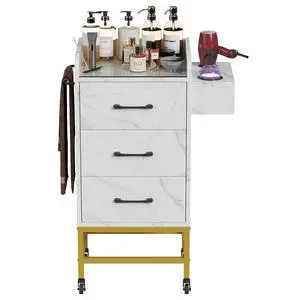 Salon Storage Trolley Cart, Rolling Barber Station for Hair Stylist w/Toughened Glass Top, 3 Drawers, 3 Hair Dryer Holders, a Towel Rack, 4 Wheels, Salon Storage Equipment, White Marble Salon Storage Trolley Cart, Rolling Barber Station for Hair Stylist w/Toughened Glass Top, 3 Drawers, 3 Hair Dryer Holders, a Towel Rack, 4 Wheels, Salon Storage Equipment, White Marble
