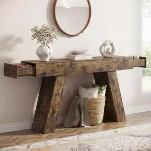 63-Inch Long Console Table w/Storage Drawers, Wood Grain Sofa Table Behind Couch, for Entryway, Entrance, Hallway, Foyer, Living Room (Rustic Brown) 63-Inch Long Console Table w/Storage Drawers, Wood Grain Sofa Table Behind Couch, for Entryway, Entrance, Hallway, Foyer, Living Room (Rustic Brown)