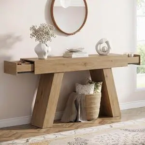 63-Inch Long Console Table with Storage Drawers, Wood Grain Sofa Table Behind Couch, for Entryway, Entrance, Hallway, Foyer, Living Room (Nature Wood) 63-Inch Long Console Table with Storage Drawers, Wood Grain Sofa Table Behind Couch, for Entryway, Entrance, Hallway, Foyer, Living Room (Nature Wood)