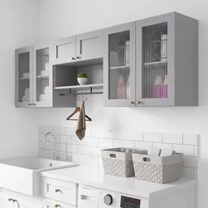 Wall Mounted Storage Cabinet Set with Glass Doors (Grey) | Adjustable Shelves, Hanging Rod, 4 S-Hooks, Open Storage Space, Ribbed Glass Door Design, Laundry Room, Bathroom & Kitchen Wall Mounted Storage Cabinet Set with Glass Doors (Grey) | Adjustable Shelves, Hanging Rod, 4 S-Hooks, Open Storage Space, Ribbed Glass Door Design, Laundry Room, Bathroom & Kitchen