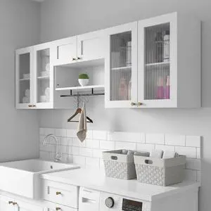 70.8"L Wall Mounted Laundry Room Cabinet Set with Glass Doors, Floating Bathroom Wall Cabinet with Adjustable Shelves, Hanging Rod & Hooks, Medicine Cabinets for Kitchen or Pantry Storage, White | Adj 70.8"L Wall Mounted Laundry Room Cabinet Set with Glass Doors, Floating Bathroom Wall Cabinet with Adjustable Shelves, Hanging Rod & Hooks, Medicine Cabinets for Kitchen or Pantry Storage, White | Adj