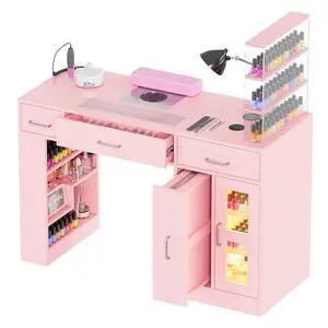 Manicure Table Nail Tech Desk w/Glass Top Drawer, Nail Tech Table w/Movable Shelves, Dust Collector, Wireless Charging, Cabinet, LED Lights, Acetone-Resistant Salon Workstation (Light Pink) Manicure Table Nail Tech Desk w/Glass Top Drawer, Nail Tech Table w/Movable Shelves, Dust Collector, Wireless Charging, Cabinet, LED Lights, Acetone-Resistant Salon Workstation (Light Pink)